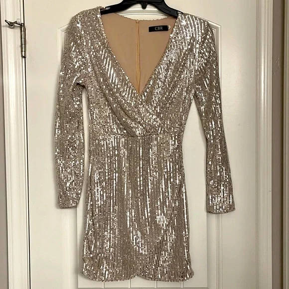 slim fit dress slacks Champagne Floral Applique Sequin Dress with Long Sleeves main image 1